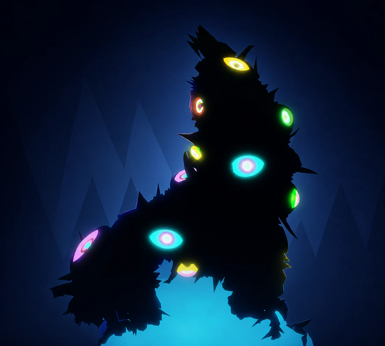 A high-definition neon-eyed abstracted form on a dark circus backdrop